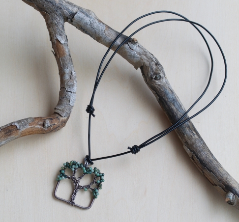 Oak Tree Necklace - Moss Agate by Renee Dodge | Sterling and fine silver wire, moss agate, adjustable Greek leather cord Oak Tree Necklace - Moss Agate