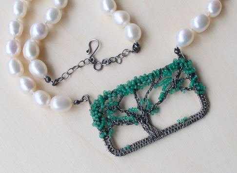 Oak Tree Necklace - Emerald by Renee Dodge | Sterling and fine silver wire, faceted emeralds, hand-knotted freshwater pearl necklace with sterlin Oak Tree Necklace - Emerald
