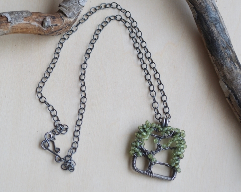 Oak Tree Necklace - Peridot by Renee Dodge | Sterling and fine silver wire, peridot, sterling silver chain and clasp Oak Tree Necklace - Peridot