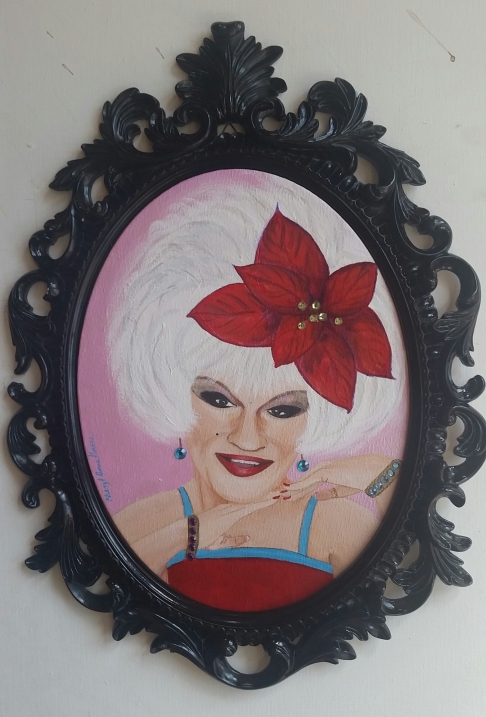 Draggin' In the Holidays (Drag Queen series) by Cheryl Anne Grace | acrylic on canvas, rhinestones, polyresin frame Draggin' In the Holidays (Drag Queen series)