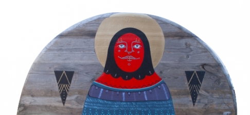Red Faced Saint #1 by Alexandra Kilburn | Acrylic and Gloss Varnish on Salvaged Wood Red Faced Saint #1