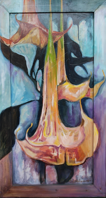 Angel Trumpet by Rebecca Birtel Madura | Oil and mixed media on wood. Angel Trumpet