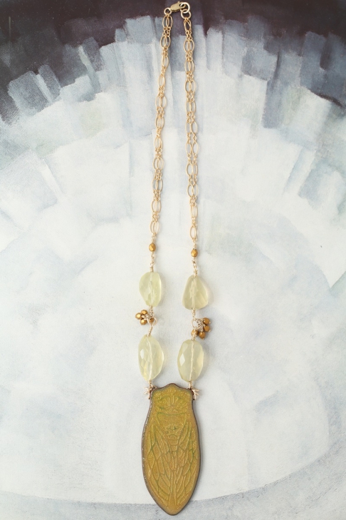 Gold Cicada Necklace by Catherine DeYoung | Transparent gold enamel on etched copper, lemon faceted quartz and gold czech glass beads on 14K gol Gold Cicada Necklace