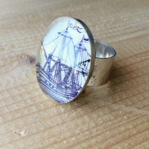 Purple Sails Postage Stamp Ring by Emily McDonald | Silver plated copper, epoxy resin, postage stamp Purple Sails Postage Stamp Ring