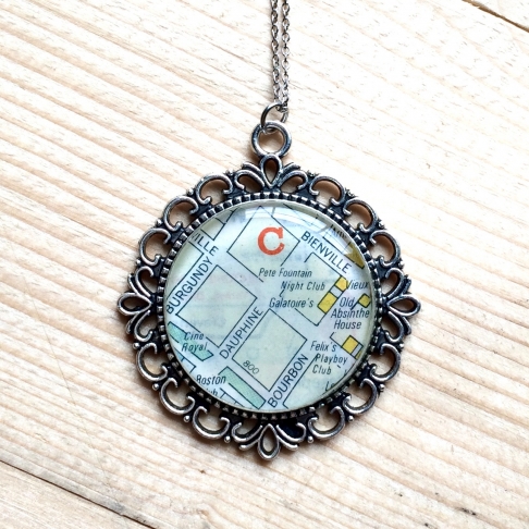 Galatoire's Map Necklace by Emily McDonald | Silver plated copper, epoxy resin, vintage map, stainless steel chain Galatoire's Map Necklace