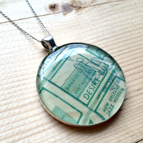 Arnaud's Map Necklace by Emily McDonald | Silver plated copper, epoxy resin, vintage map, stainless steel chain Arnaud's Map Necklace