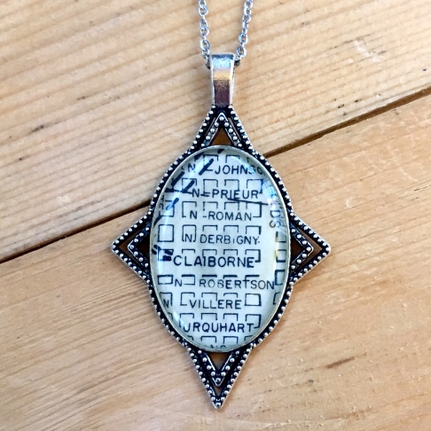 Bywater Antique Map Necklace by Emily McDonald | Silver plated copper, epoxy resin, vintage map, stainless steel chain Bywater Antique Map Necklace