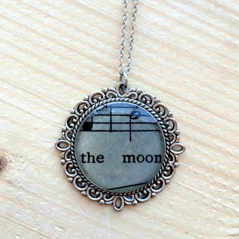 Music of the Moon Necklace by Emily McDonald | Silver plated copper, epoxy resin, sheet music, stainless steel chain Music of the Moon Necklace