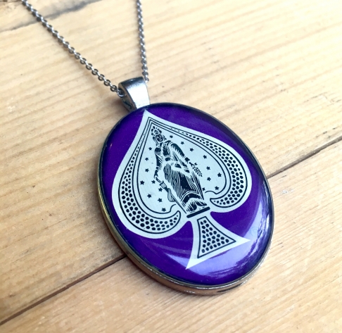Ace of Spades Pendant in Purple by Emily McDonald | Silver plated copper, epoxy resin, playing card, stainless steel chain Ace of Spades Pendant in Purple