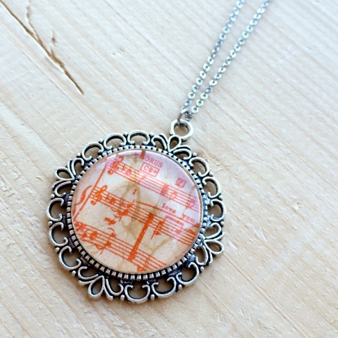 I <3 U Music Necklace by Emily McDonald | Silver plated copper, epoxy resin, sheet music, stainless steel chain I <3 U Music Necklace