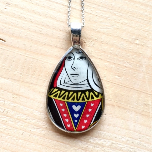 Queen Teardrop Pendant by Emily McDonald | Silver plated copper, epoxy resin, playing card, silver plated chain Queen Teardrop Pendant