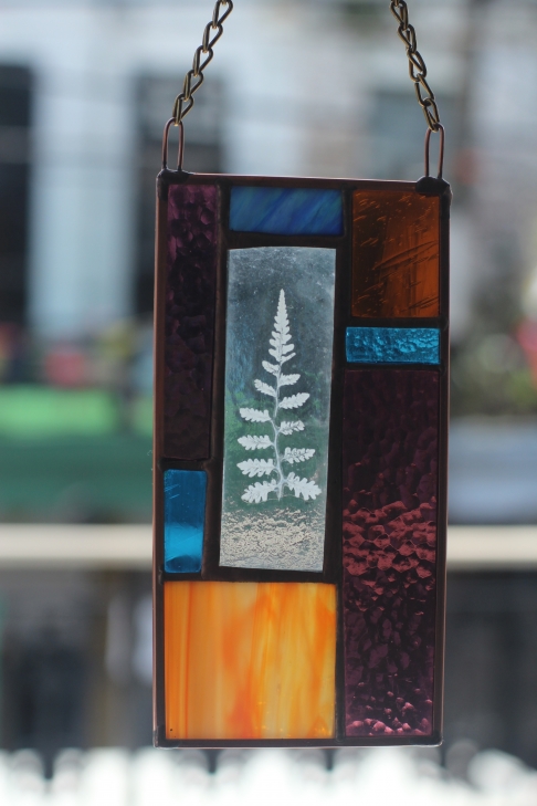 Stained Glass Fern Enverre by Caitlin Waugh | Stained glass, plants, float glass, brass chain, copper came, 60/40 solder Stained Glass Fern Enverre