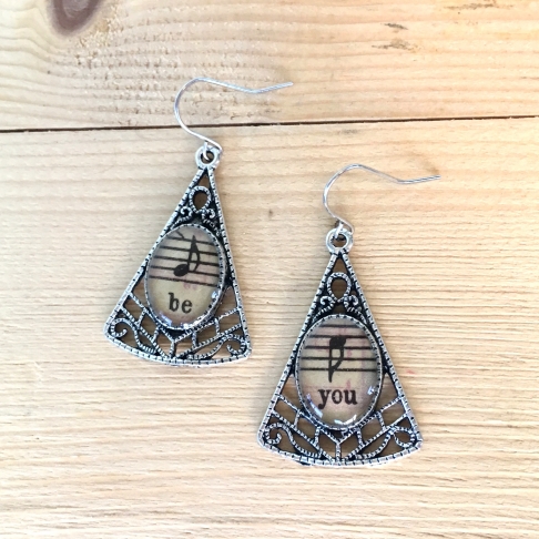 Triangular Be You Sheet Music Earrings by Emily McDonald | Silver plated copper, epoxy resin, vintage sheet music Triangular Be You Sheet Music Earrings