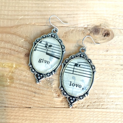 Give Love Music Earrings by Emily McDonald | Silver plated copper, epoxy resin, vintage sheet music Give Love Music Earrings