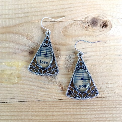 Love You Sheet Music Earrings by Emily McDonald | Silver plated copper, epoxy resin, vintage sheet music Love You Sheet Music Earrings