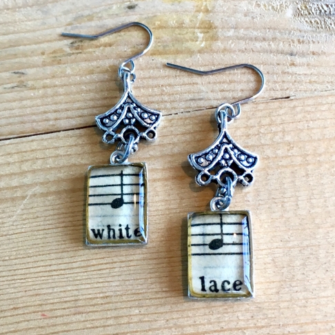 White Lace Sheet Music Earrings by Emily McDonald | Silver plated copper, epoxy resin, vintage sheet music White Lace Sheet Music Earrings