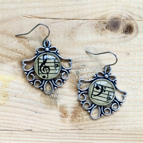 Fancy Treble & Bass Clef Earrings by Emily McDonald | Silver plated copper, epoxy resin, vintage sheet music Fancy Treble & Bass Clef Earrings