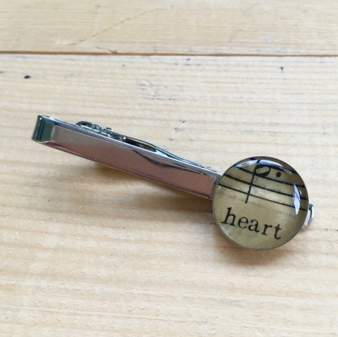 Heart Music Tie Clip by Emily McDonald | Silver plated copper, epoxy resin, vintage sheet music Heart Music Tie Clip