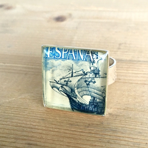 Spanish Ship Stamp Ring by Emily McDonald | Silver plated copper, epoxy resin, postage stamp Spanish Ship Stamp Ring