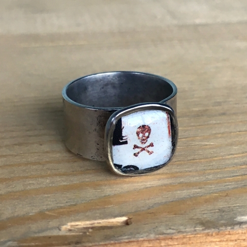 Skull & Bones Card Ring by Emily McDonald | Silver plated copper, epoxy resin, playing card Skull & Bones Card Ring