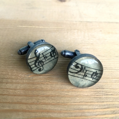 Treble & Bass Sheet Music Cufflinks by Emily McDonald | Silver plated copper, epoxy resin, vintage map Treble & Bass Sheet Music Cufflinks
