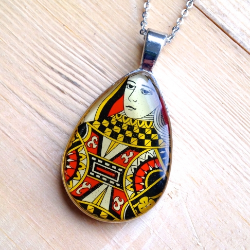 Teardrop Queen Playing Card Necklace by Emily McDonald | Silver plated copper, epoxy resin, playing card, stainless steel chain Teardrop Queen Playing Card Necklace