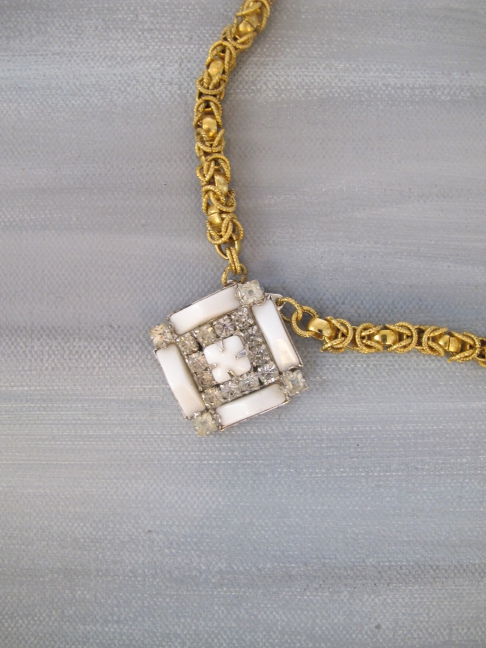 Rubix Rebel by Lauren Schonekas | Vintage textured chain, vintage white milk glass and rhinestone pendant Rubix Rebel