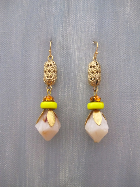 Stain Glass by Lauren Schonekas | Vintage beads, vintage rhinestone sparkle bed cap, lucite bead drop, gold leaf, 14k gold-filled hook Stain Glass