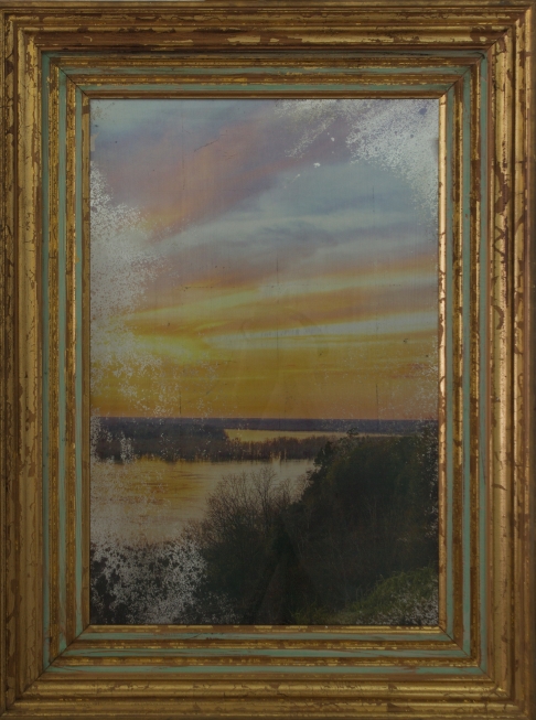 Up on the Levee by Debbie Willson | Reverse print on antiqued mirror
Frame up cycled wood with gold and silver leaf Up on the Levee