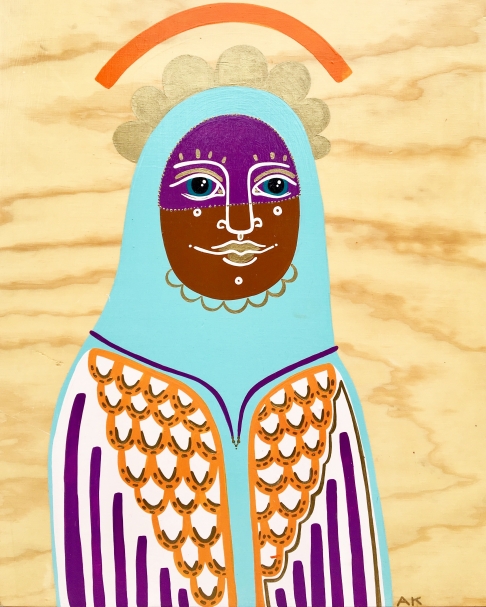 Orange Halo Deity by Alexandra Kilburn | Acrylic on Salvaged Wood Orange Halo Deity