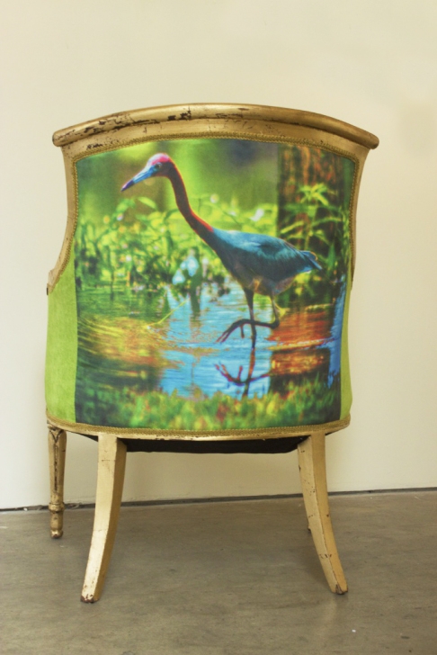 Louisiana Blue Heron Gold Leafed Chair by Debbie Willson | Upcycled chair, gold leaf, cotton velvet, and suede. Louisiana Blue Heron Gold Leafed Chair