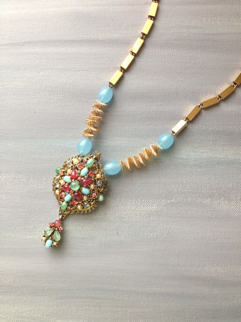 Aurora Aura by Lauren Schonekas | Vintage designer pendant featuring colorful cabochons and unique vintage chain combinations with sof Aurora Aura