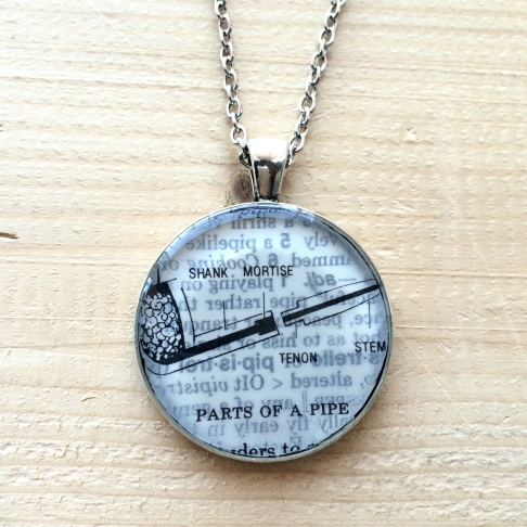 Pipe Illustration Necklace by Emily McDonald | Silver plated copper, epoxy resin, vintage dictionary, stainless steel chain Pipe Illustration Necklace
