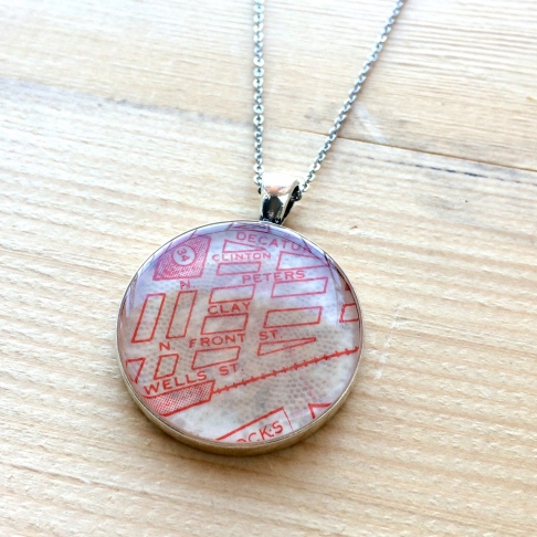 By The Tracks Map Necklace by Emily McDonald | Silver plated copper, epoxy resin, vintage map, stainless steel chain By The Tracks Map Necklace