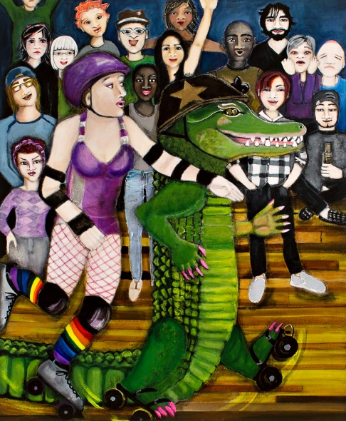 Rollergirls by Nancy Wolfe Kimberly | Acrylic paint, acrylic ink, Inktense pencils, charcoal pencils, varnish, on canvas. Rollergirls