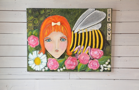 Bee Love by Nancy Wolfe Kimberly | Acrylic paint, glitter, Pairsinpears letters, vintage plastic bow. Bee Love