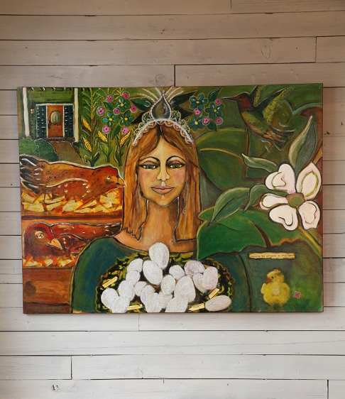 Counting Her Chickens by Nancy Wolfe Kimberly | Acrylic paint, glitter, fortunes (saved from cookies), hymnal pages on canvas. Counting Her Chickens