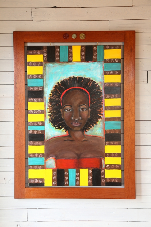 I am Enough by Nancy Wolfe Kimberly | Acrylic and crayon on canvas. The painting hangs inside the frame. The embellishments are kiln fired I am Enough