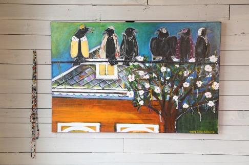 Mardi Gras Crows by Nancy Wolfe Kimberly | Acrylic paint, ink, embossing powder, on canvas. Mardi Gras Crows