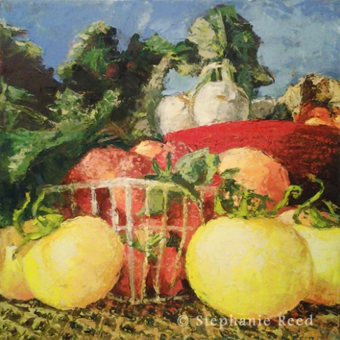 February (Tomatoes, Strawberries, Turnips, etc) by Stephanie Reed | Oil painting with wood frame. February (Tomatoes, Strawberries, Turnips, etc)