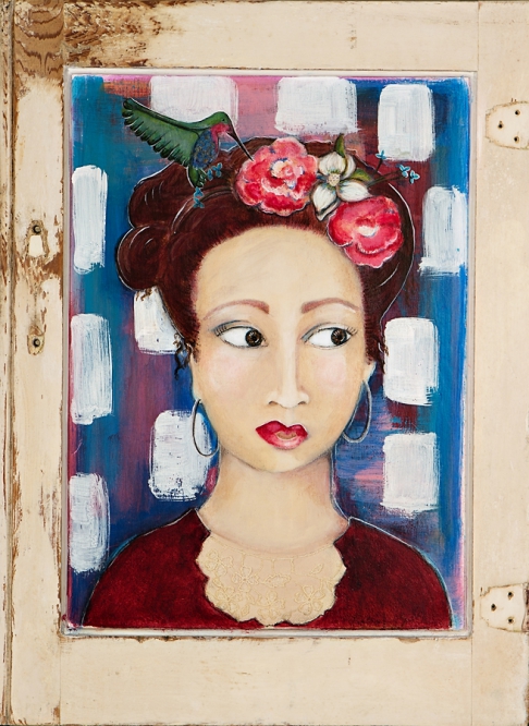 Distraction by Nancy Wolfe Kimberly | Reclaimed cabinet doors, acrylic paint, paper, lace, ink, gilder's paste, varnish Distraction