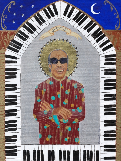 Saint Fess (Professor Longhair) by Cheryl Anne Grace | Acrylic, rhinestones, 23K gold leaf on deep canvas Saint Fess (Professor Longhair)