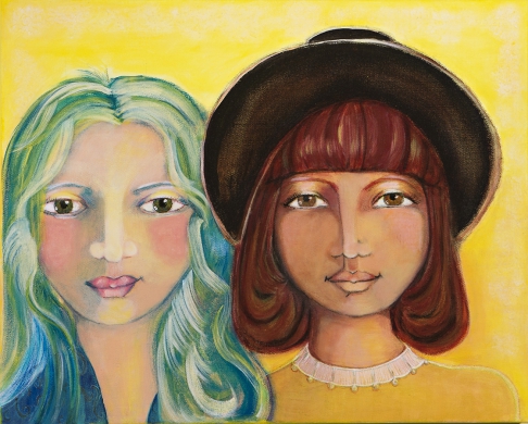 Bohemian Beauties by Nancy Wolfe Kimberly | Acrylic paint, paper, molding paste, varnish on canvas. Bohemian Beauties