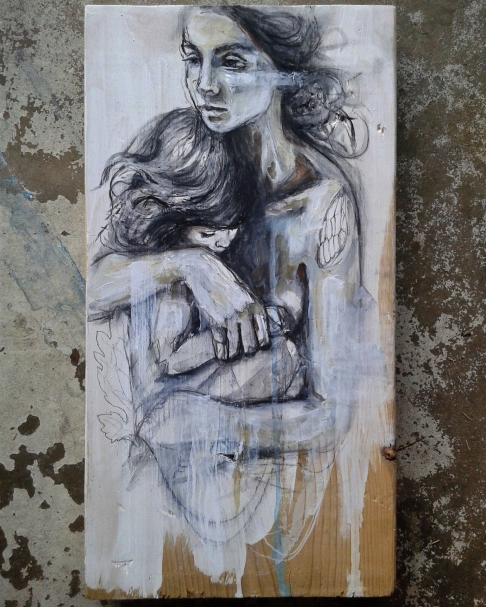Oisin by Kate Hanrahan | charcoal, acrylic, graphite on found wood Oisin
