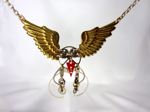 Kinetic Owl Necklace by Forrest Bacigalupi | Vintage watch parts, sterling, 14K Gold-Filled. Kinetic Owl Necklace