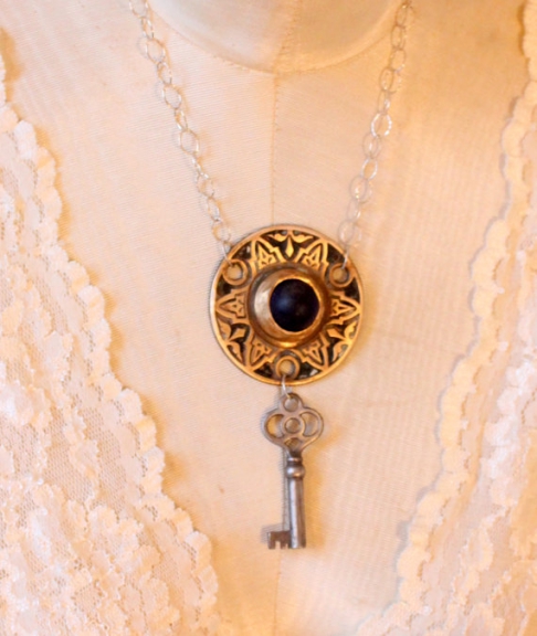 Antique Bronze Rosette Necklace with Sterling Silver, Skeleton Key, Blue Marble by Brandi Couvillion | Antique Bronze Rosette, Sterling Silver, Marble, Skeleton Key, Fresh Water Pearl Antique Bronze Rosette Necklace with Sterling Silver, Skeleton Key, Blue Marble