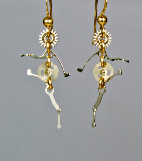 Clockwork Highstepper Earrings by Forrest Bacigalupi | Vintage Watch Parts. Sterling Silver and 14K Gold-Filled.
Clockwork Highstepper Earrings