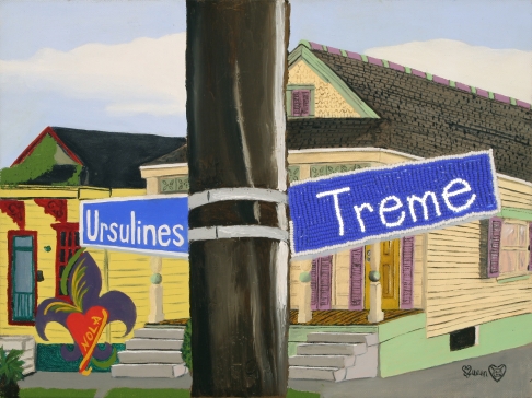 Treme and Ursulines by Hope Parker | Original Oil on Canvas with beaded street sign Treme and Ursulines