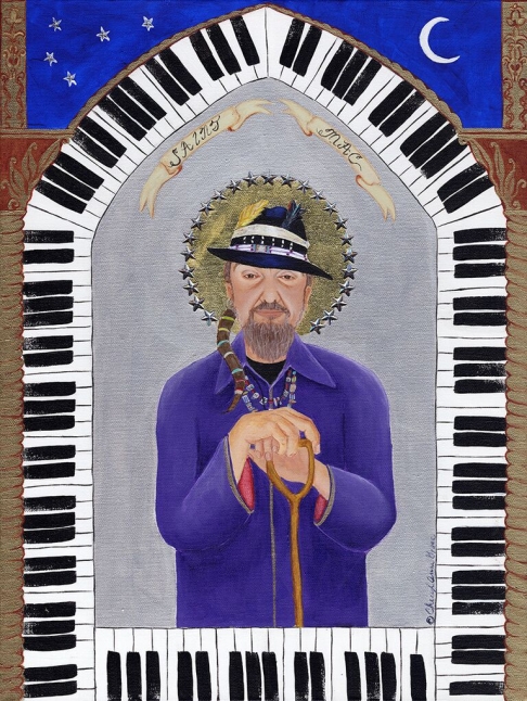 Saint Mac (Dr. John) by Cheryl Anne Grace | Acrylic, rhinestones, 23K gold leaf on canvas Saint Mac (Dr. John)