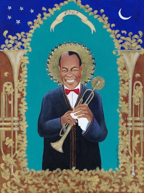 Pops (Louis Armstrong) by Cheryl Anne Grace | Acrylic, rhinestones,23K gold leaf, on deep canvas Pops (Louis Armstrong)